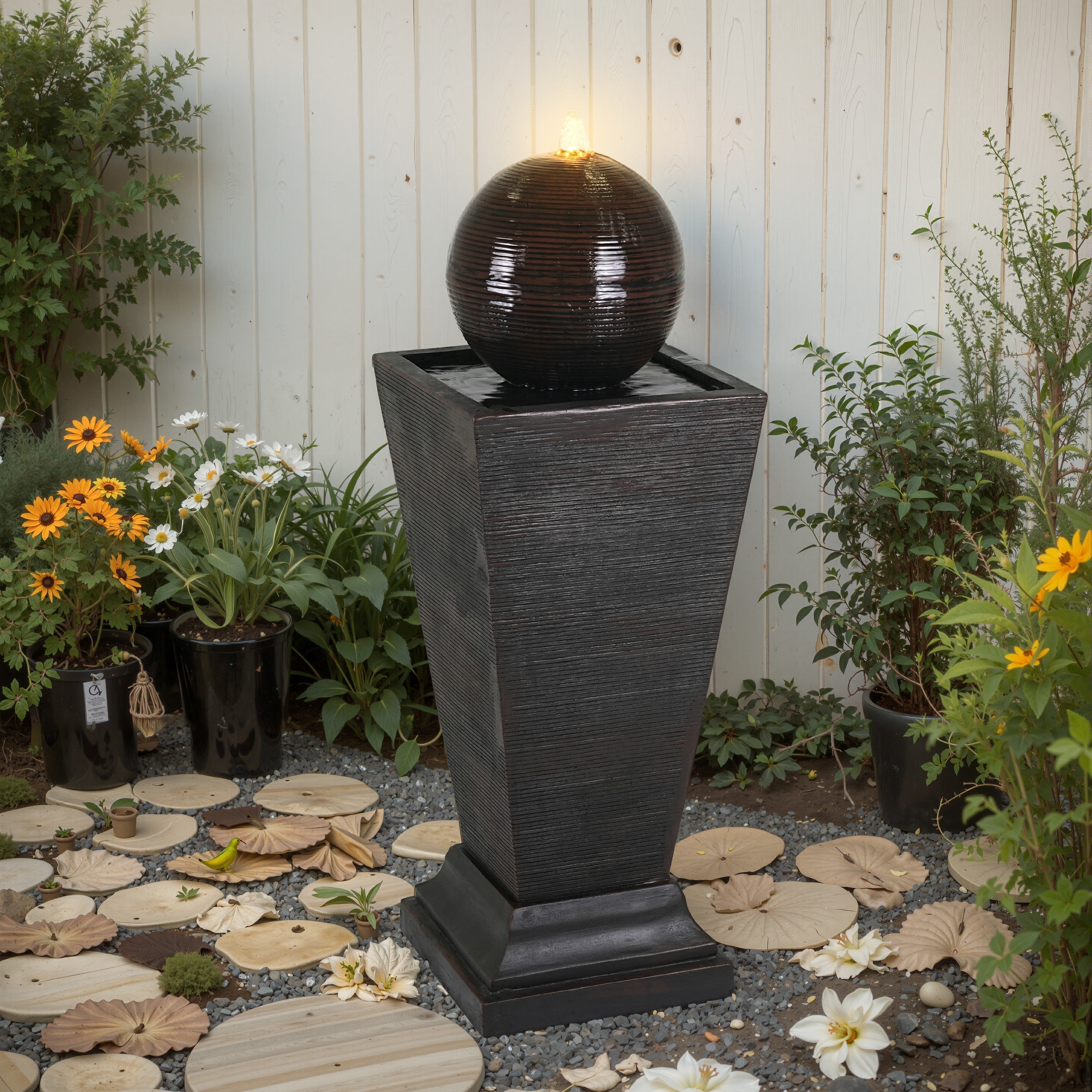 Dark Brown Concrete Tall Column Fountain with LED Lights