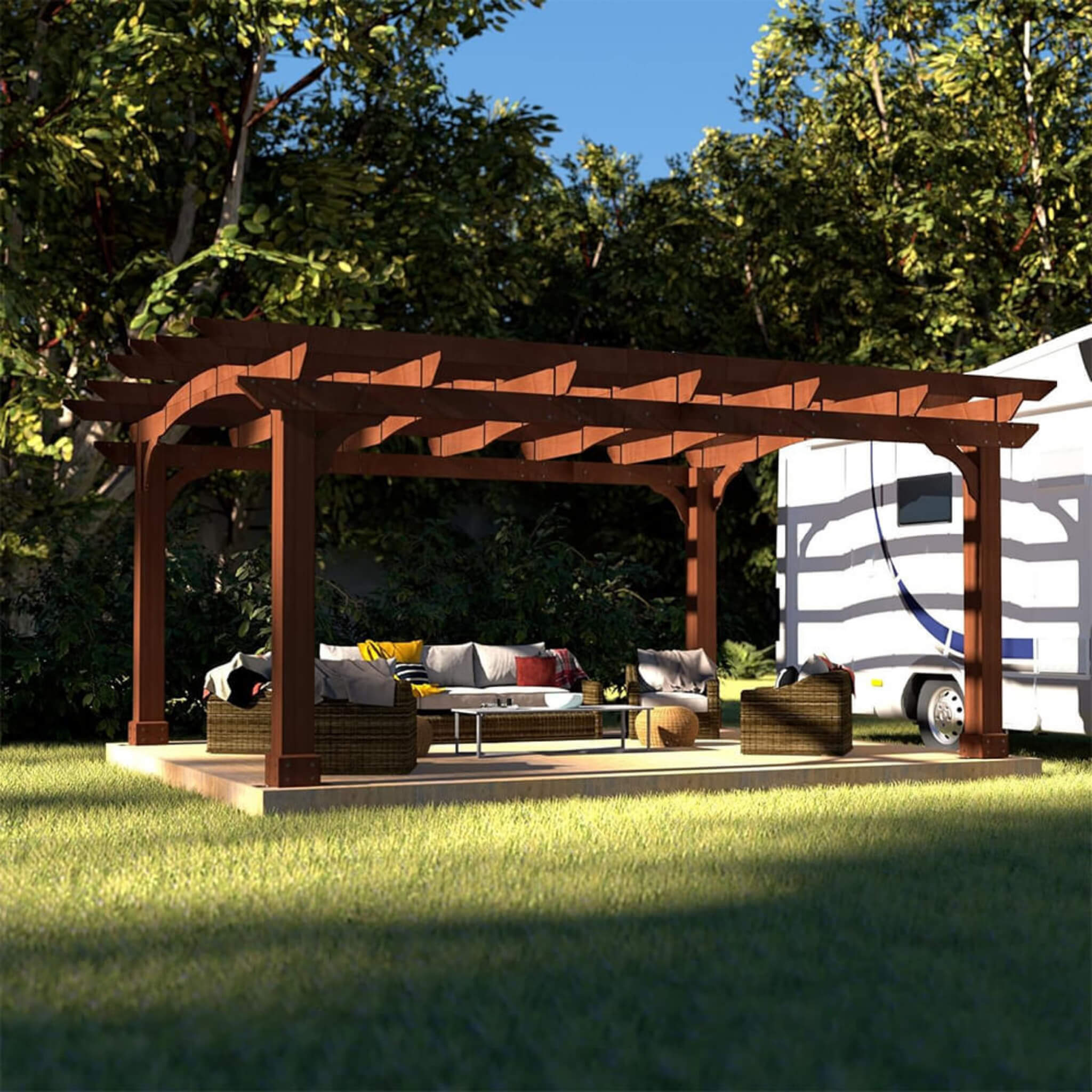 Alora Luxury Outdoor All-Season Backyard Cedar Wood Gazebo Pergola With Arched Roof And Stakes For Patios