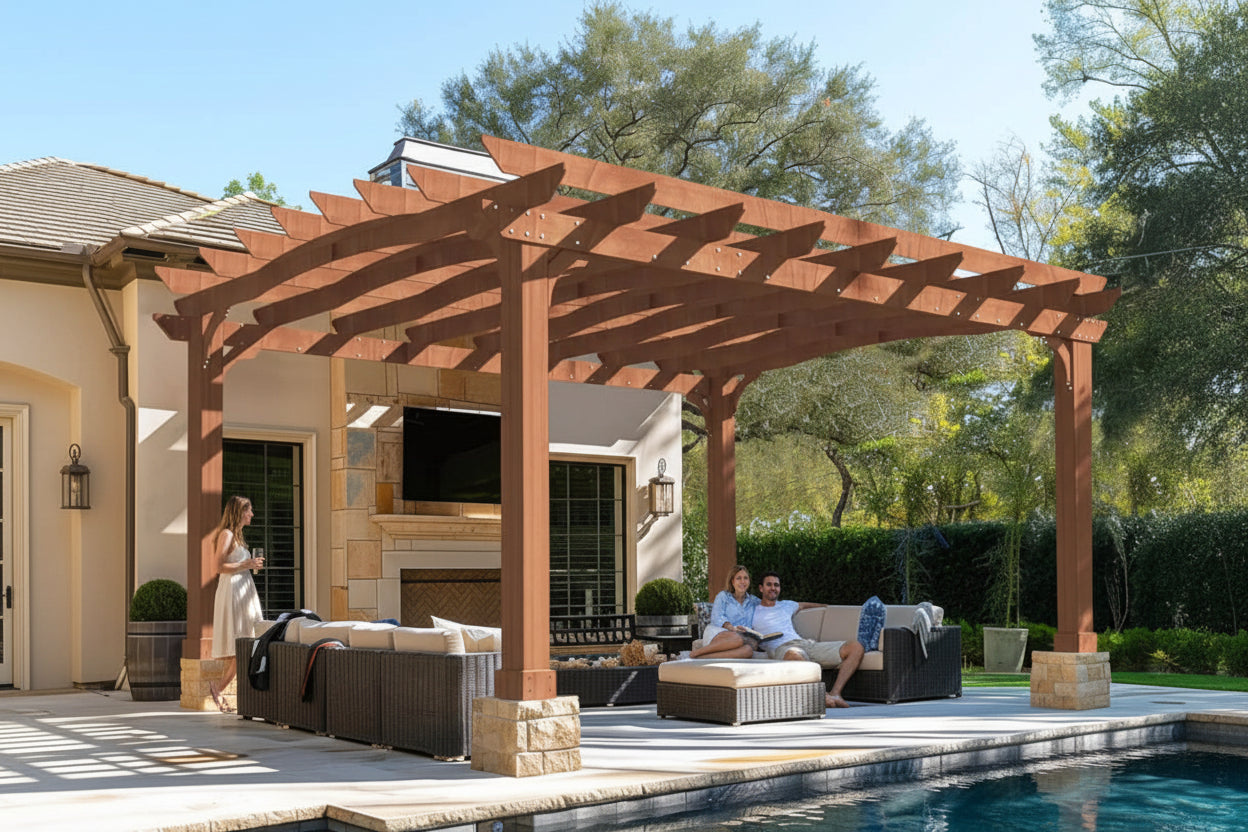 Alora Luxury Outdoor All-Season Backyard Cedar Wood Gazebo Pergola With Arched Roof And Stakes For Patios