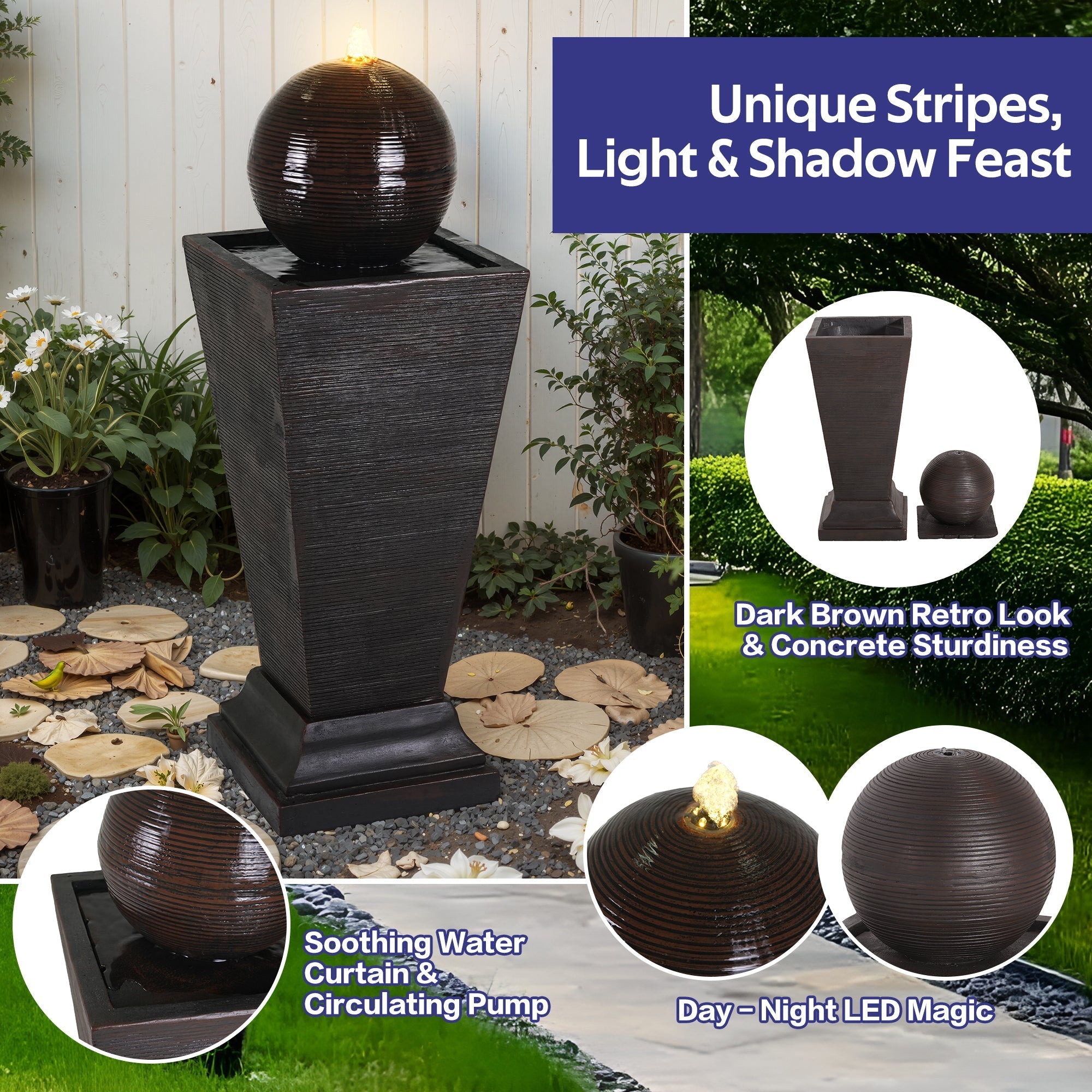 Dark Brown Concrete Tall Column Fountain with LED Lights