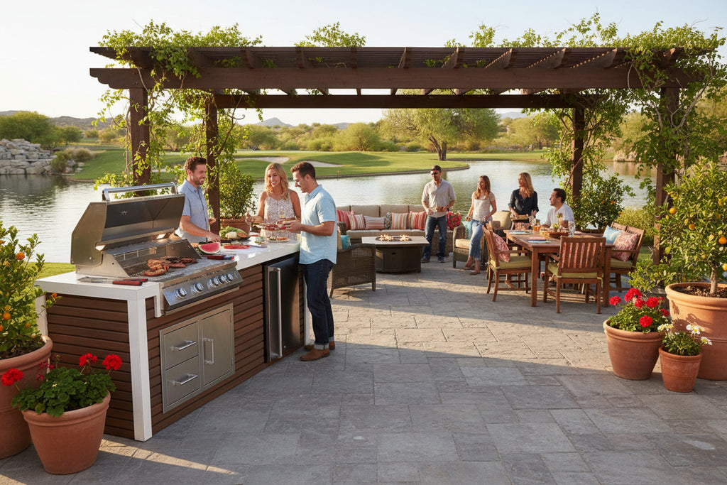 KoKoMo Outdoor Kitchen Island with Waterfall Edge – 32” Built-In Grill
