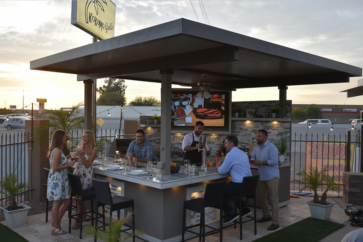 KoKoMo Bermuda Kitchen BBQ Island with Built-In TV, Fire Pit & Bar for Ultimate Outdoor Entertaining