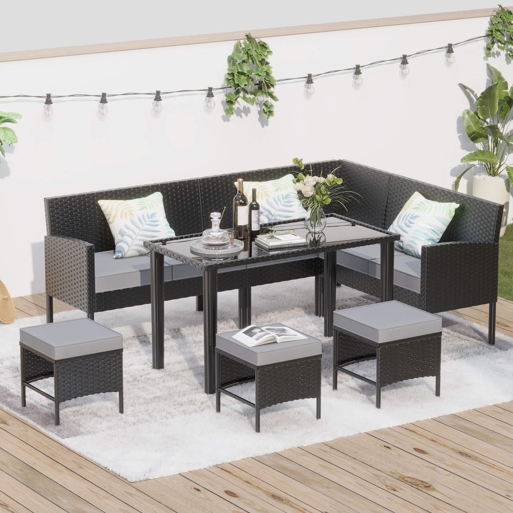 Alora 7-Piece Modern Outdoor Patio Furniture Set With Waterproof Cushions & Glass Table