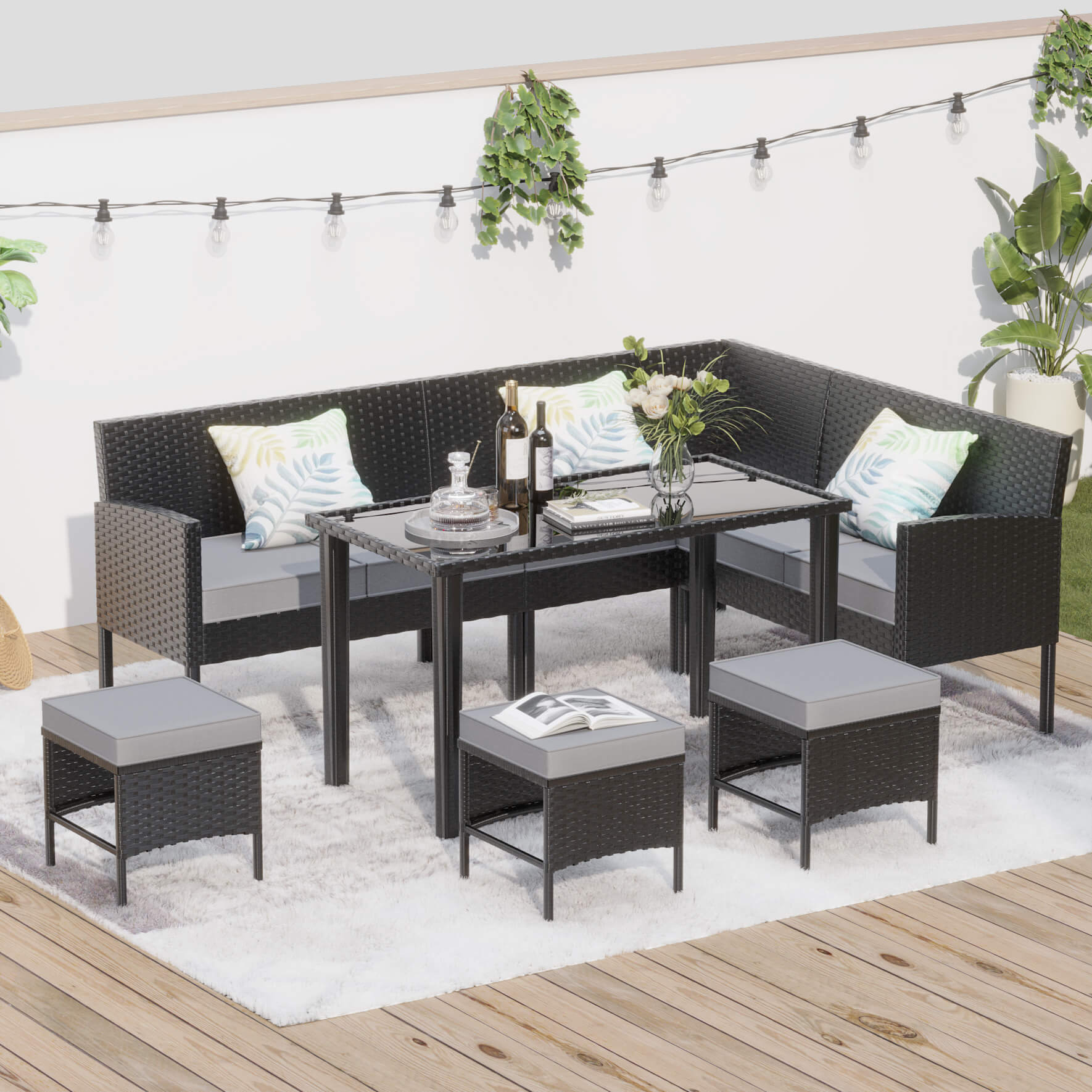 Alora 7-Piece Modern Outdoor Patio Furniture Set With Waterproof Cushions & Glass Table