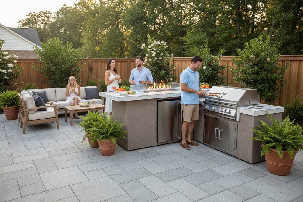 KoKoMo Outdoor Kitchen Island with Fire Feature – 7'6" x 9'