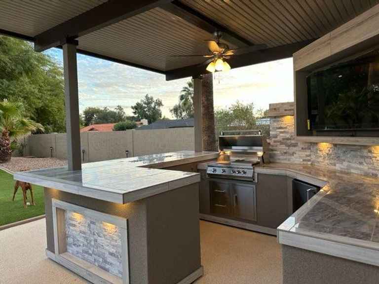 KoKoMo Bermuda Kitchen BBQ Island with Built-In TV, Fire Pit & Bar for Ultimate Outdoor Entertaining
