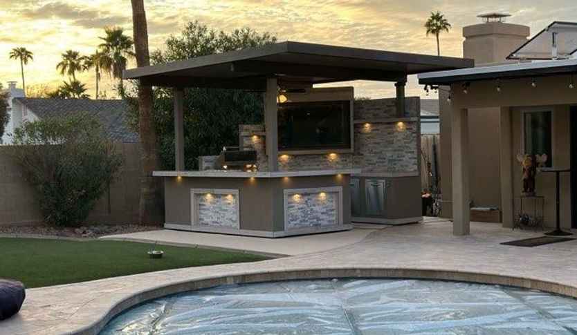 KoKoMo Bermuda Kitchen BBQ Island with Built-In TV, Fire Pit & Bar for Ultimate Outdoor Entertaining