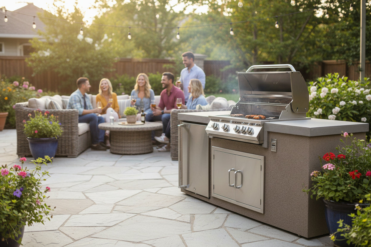 KoKoMo 7' Outdoor Kitchen Island with Grill – Built-In 32” Grill + Fridge