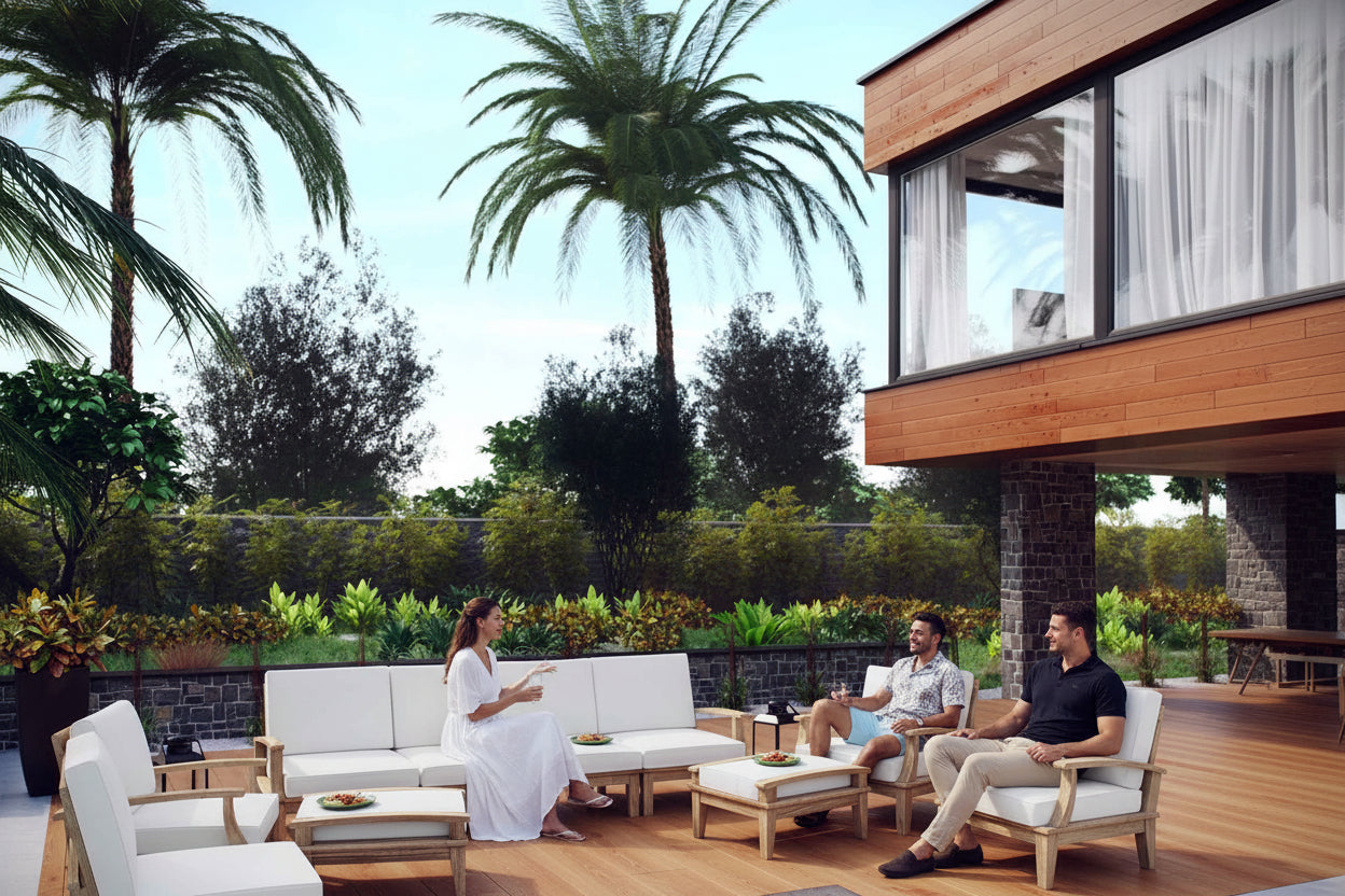 Modway Marina Outdoor Teak Patio Set with White Cushions – 10-Piece Collection by Patio Elegance