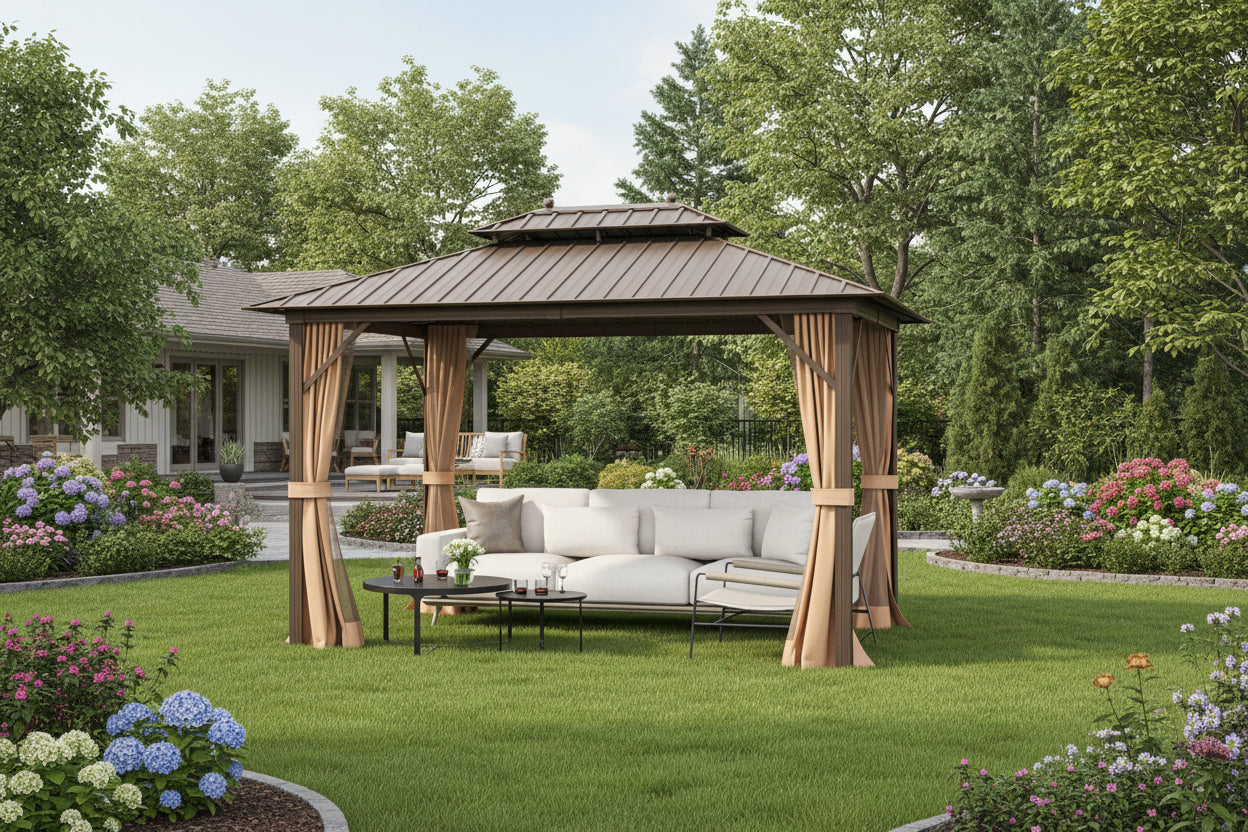 Double-Roof Patio Hardtop Gazebo with Galvanized Steel Roof Netting and Curtains