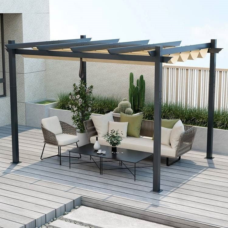 Modern Outdoor Sturdy Pergola Gazebo with Retractable Beige Canopy